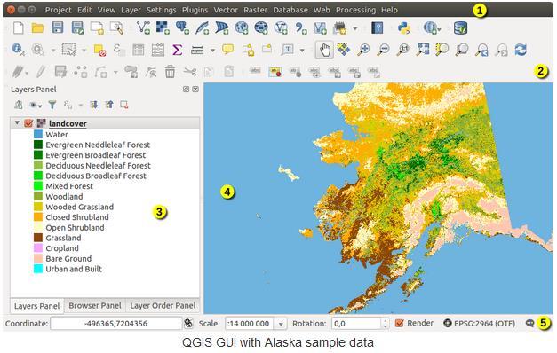 16 QGIS-ohjelman graafinen käyttöliittymä (Kuvio 4) on jaettu viiteen eri alueeseen: Kuvio 4. QGIS-työpöytäohjelman graafinen käyttöliittymä (QGIS 2017b) 1. Valikkopalkki 2. Työkalupalkki 3.