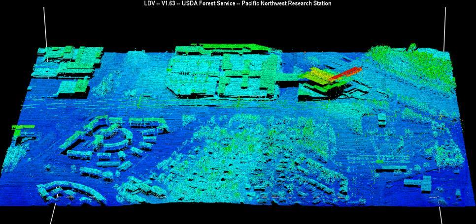 Fusion sisältää kaksi työkalua, LDV ja PDQ, joilla voi tutkia aineistoa 3D-tilassa. Kuviossa 11 on karttalehden D1 laserkeilausaineistoa LDV sovelluksella kuvattuna.