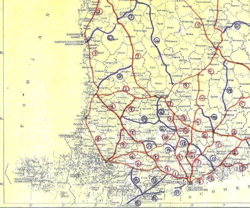 22 Kuva 4. Suomen valta- ja A-kantatie verkosto v. 1947. 55 Lentokentät 2.
