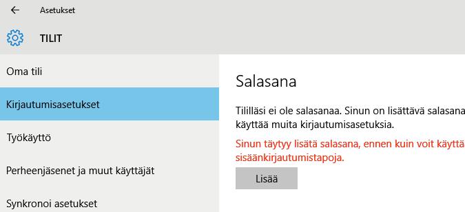 Tässä valitaan aivan tavallinen kirjaimista ja numeroista muodostuva salasana napsauttamalla ylintä painiketta, jossa