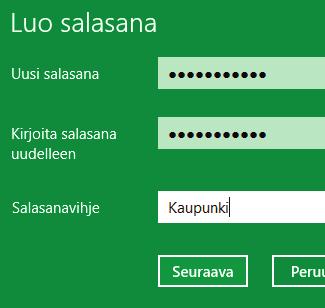 Voit kirjoittaa vinkin salasanan muistamiseksi seuraavaan kenttään 7. Valitse vielä euraava 8.