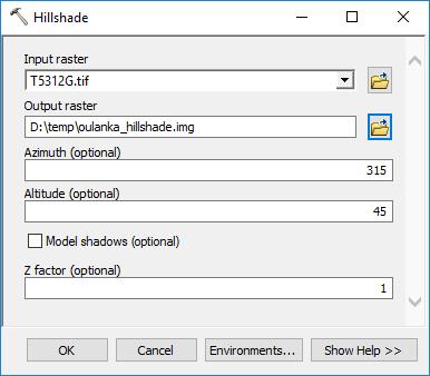 Hillshade - vinovalovarjostus 3D Analyst Tools Raster Surface Hillshade Korkeusmalli-rasteri Tuloksena syntyvä hillshade-rasteri