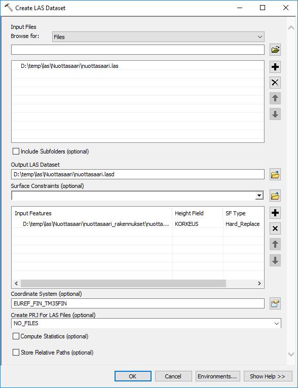 LAS Dataset Data Management Tools LAS Dataset Create LAS Dataset 35 Tähän valitaan ne LAS-tiedostot joista muodostetaan mosaiikki Surface Constraints: tässä voitaisiin erilaisilla polygoni- tai