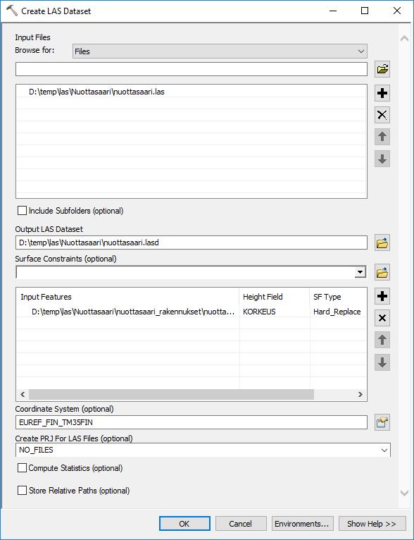 LAS Dataset Data Management Tools LAS Dataset Create LAS Dataset 35 Tähän valitaan ne LAS-tiedostot joista muodostetaan mosaiikki Surface Constraints: tässä voitaisiin erilaisilla polygoni- tai