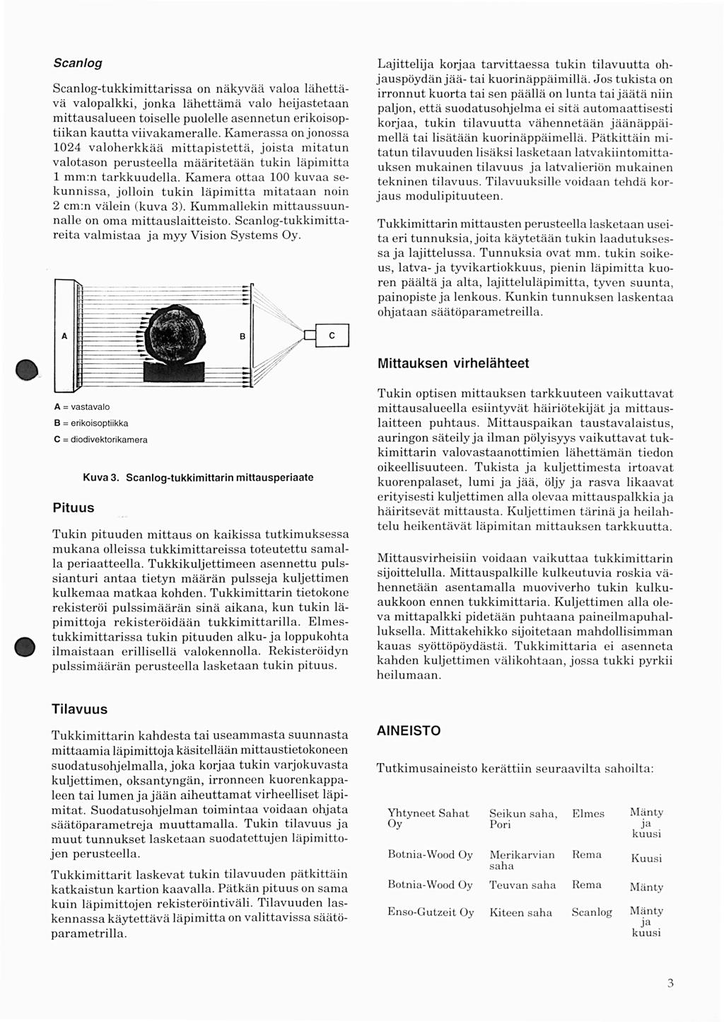 tukkimittarissa on näkyvää valoa lähettävä valopalkki, jonka lähettämä valo heijastetaan mittausalueen toiselle puolelle asennetun erikoisoptiikan kautta viivakameralle.