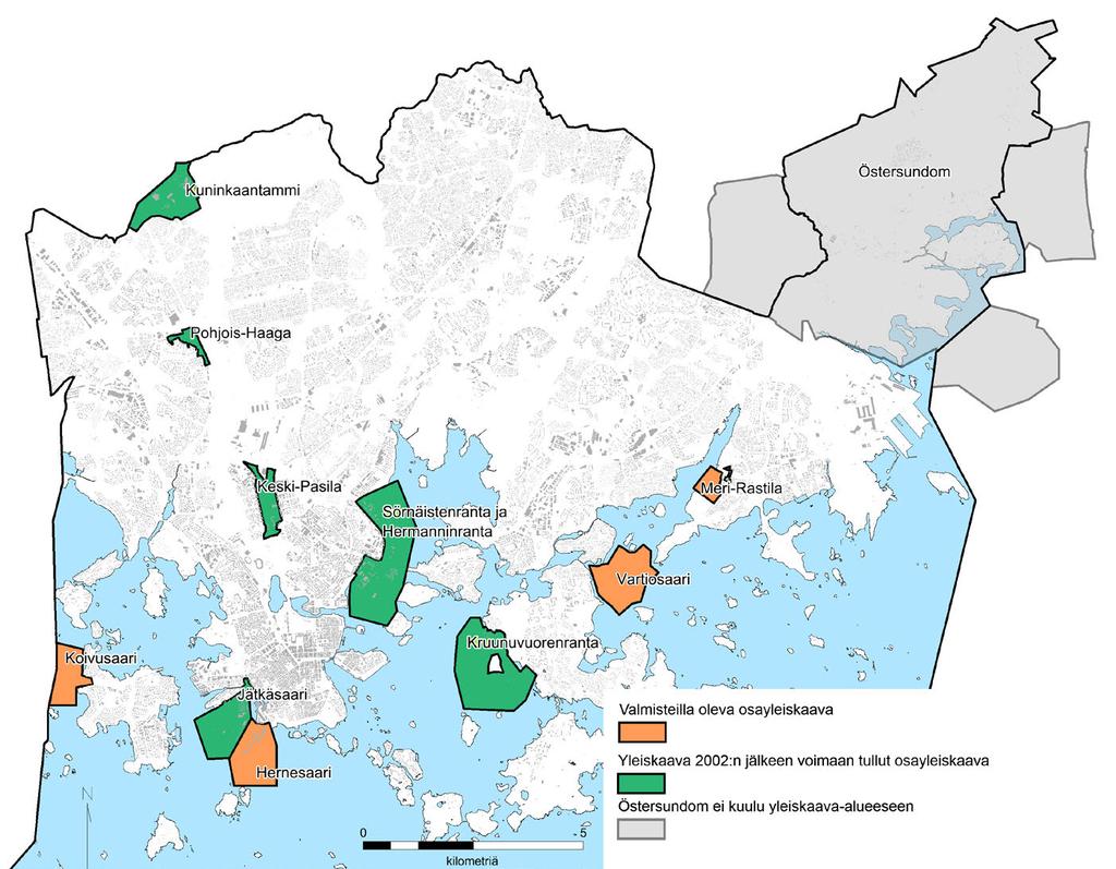 127 Osayleiskaava-alueet, joilla Helsingin uusi yleiskaava ei tule oikeusvaikutteiseksi. Östersundomin alue on yleiskaava-alueen ulkopuolella. Sinne laaditaan kuntien yhteistä yleiskaavaa.
