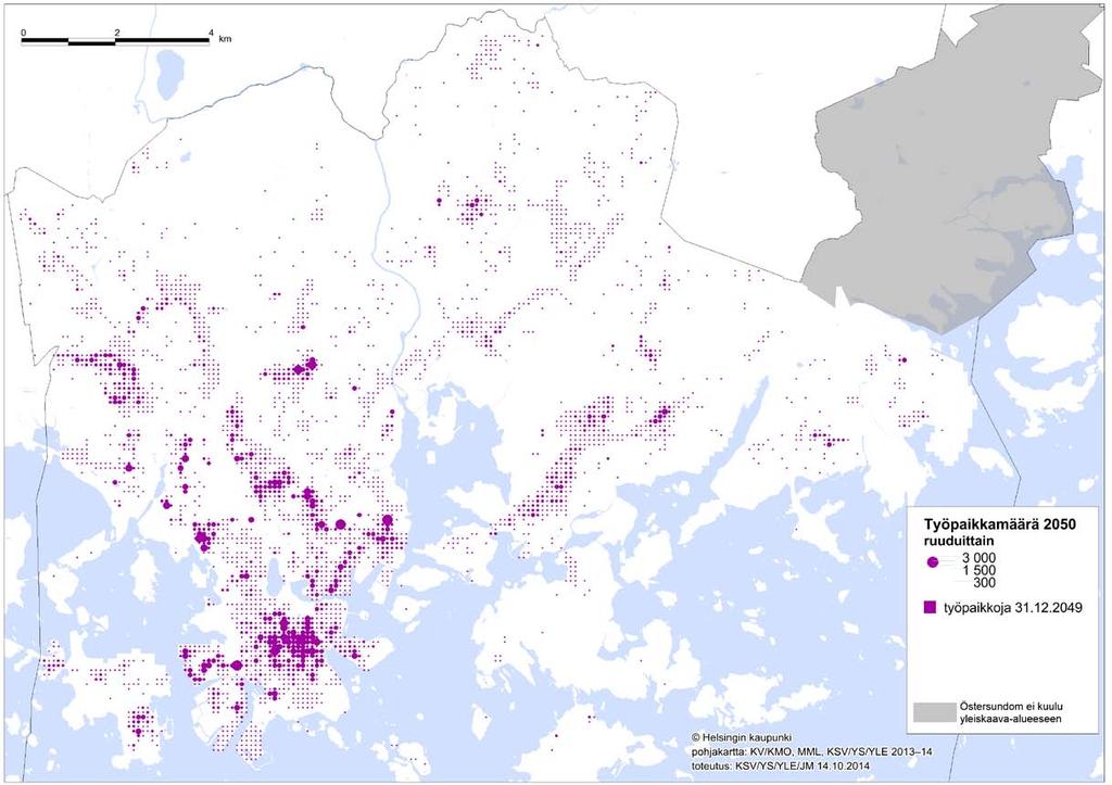 61 Kartta. Työpaikkamäärä Helsingissä 2050.