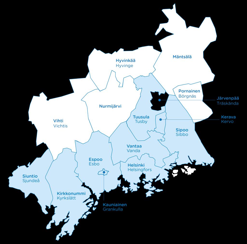 HSL:n yhteistyöalue 7 kuntaa: Helsinki, Espoo, Kauniainen, Vantaa, Kerava, Kirkkonummi, Sipoo. 1.