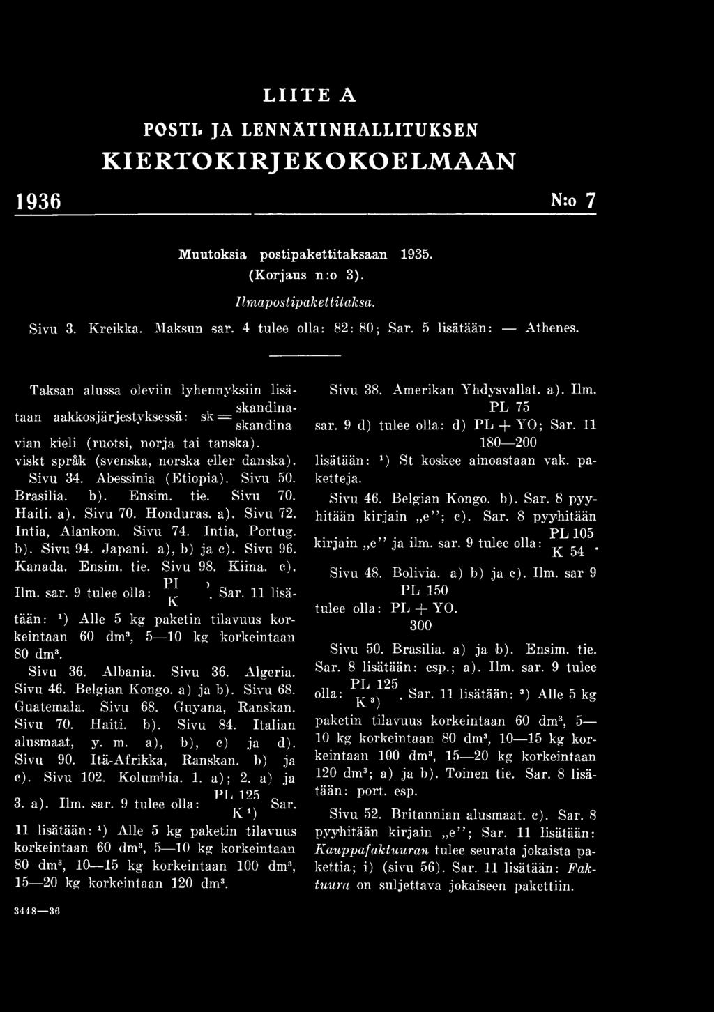 9 tulee olla: ^ ' Sar. H lisätään: 1) Alle 5 kg paketin tilavuus korkeintaan 60 dm3, 5 10 kg korkeintaan 80 dm3. Sivu 36. Albania. Sivu 36. Algeria. Sivu 46. Belgian Kongo, a) ja b). Sivu 68.