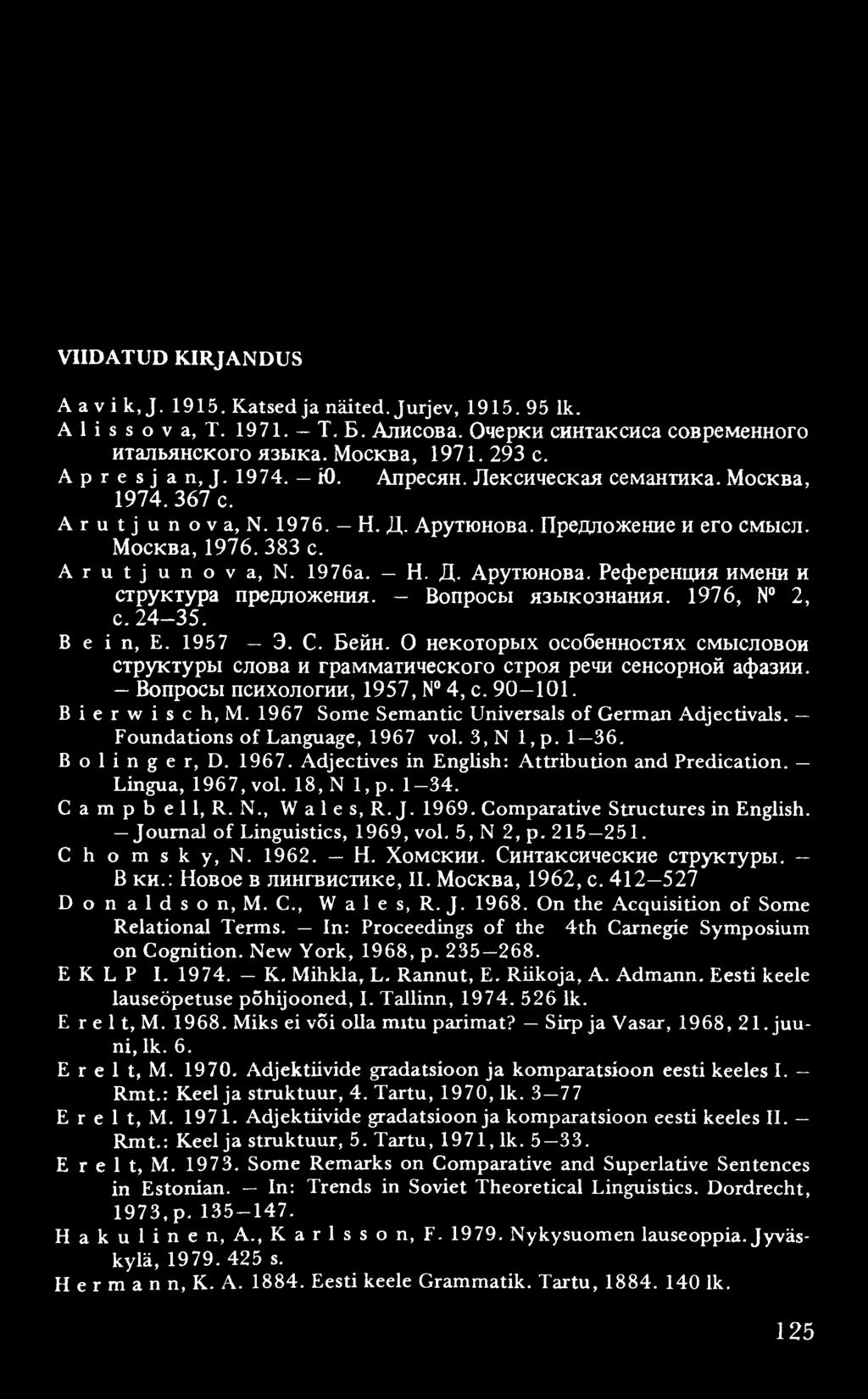 VIIDATUD KIRJANDUS A a v i k, J. 1915. Katsed ja näited. Jurjev, 1915. 95 lk. Alissova, T. 1971. - T. B. AjiHCOBa. OnepKH CHHTaKcnca cobpemehhoro HTajibHHCKoro H3biKa. MocKBa, 1971. 293 c.