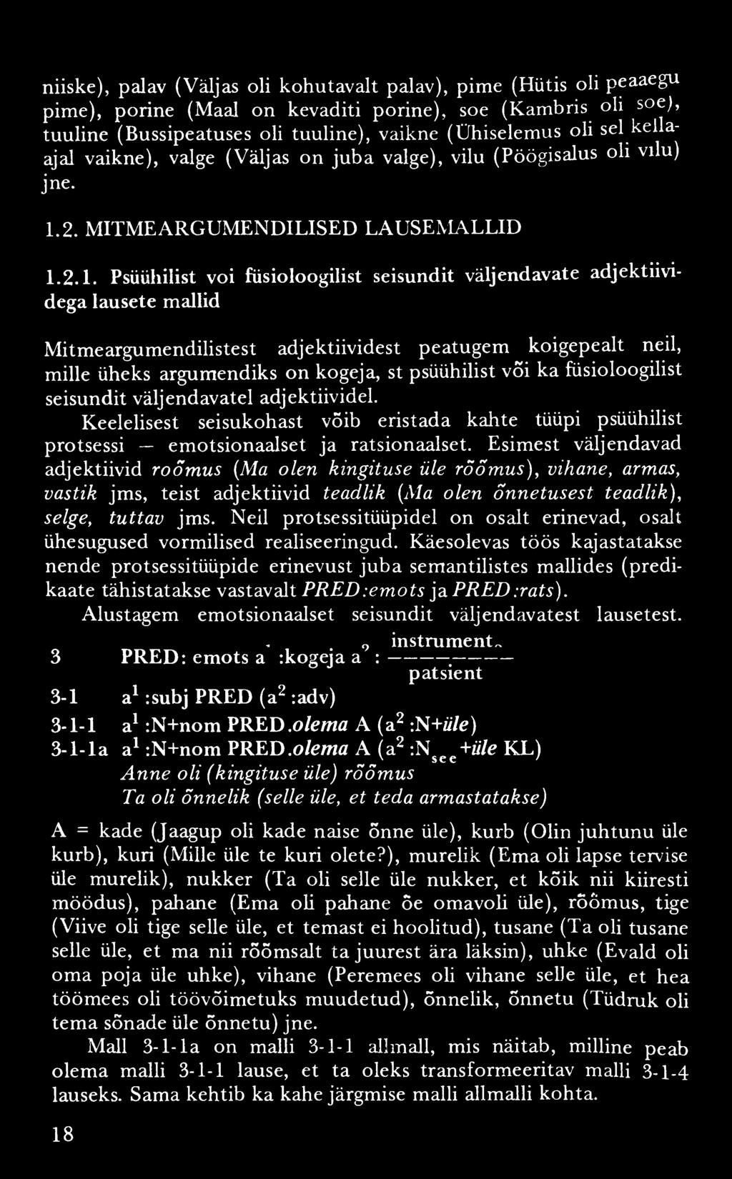 niiske), palav (Väljas oli kohutavalt palav), pime (Hütis oli peaaegu pime), porine (Maal on kevaditi porine), soe (Kambris oli so^ tuuline (Bussipeatuses oli tuuline), vaikne (Ühiselemus oli sel