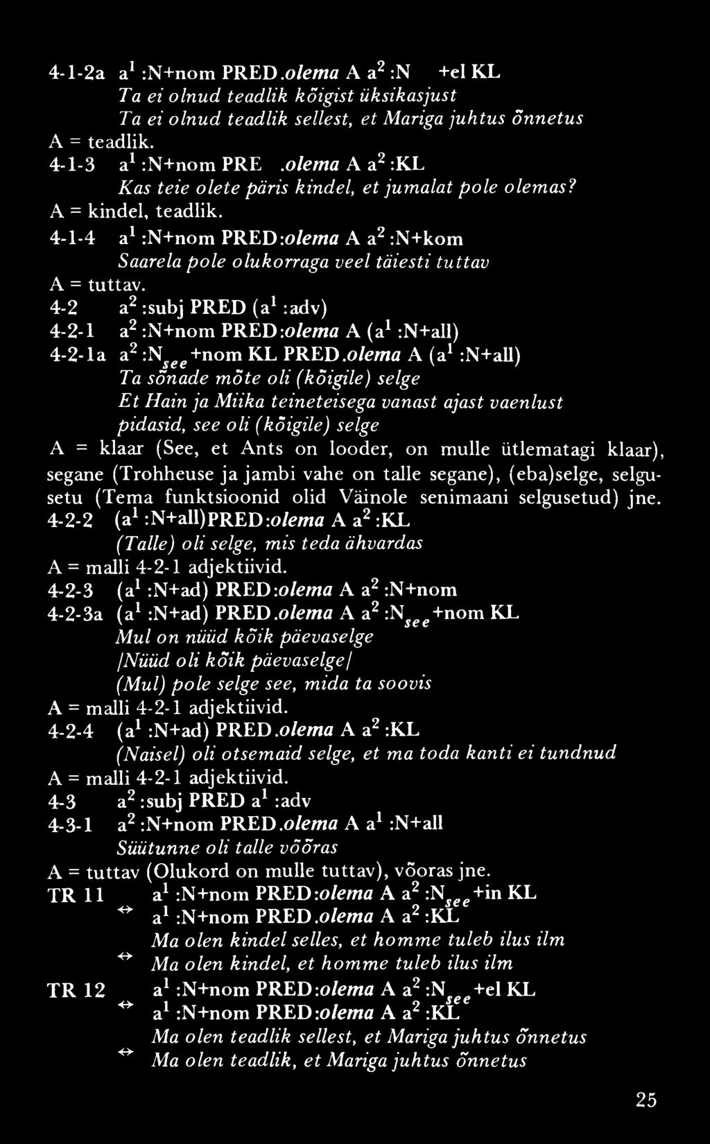 4-l-2a a1 :N+nom PRED.olema A a2 :N +el KL Ta ei olnud teadlik kõigist üksikasjust Ta ei olnud teadlik sellest, et Mariga juhtus õnnetus A = teadlik. 4-1-3 a1 :N+nom P R E.