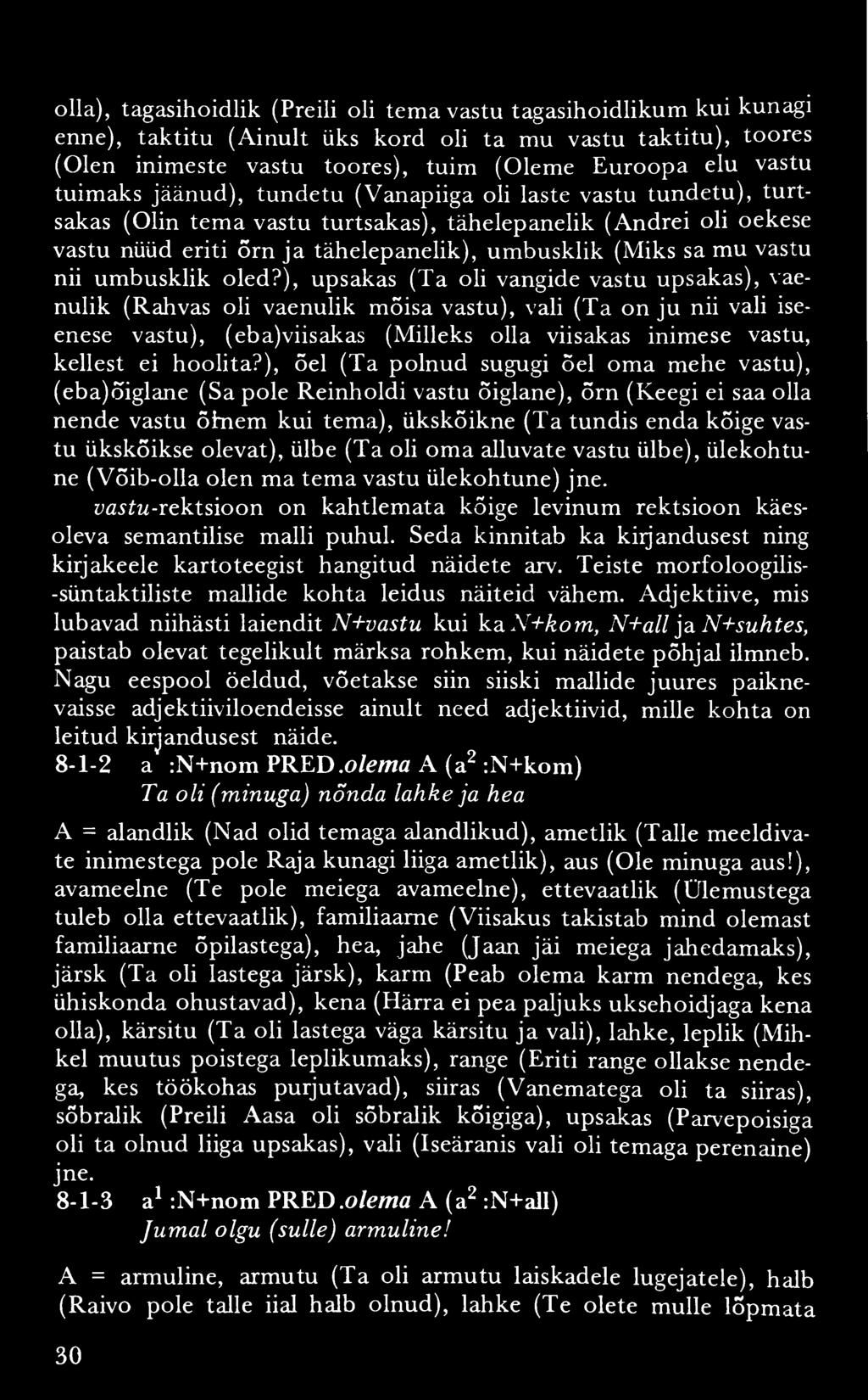 olla), tagasihoidlik (Preili oli tema vastu tagasihoidlikum kui kunagi enne), taktitu (Ainult üks kord oli ta mu vastu taktitu), toores (Olen inimeste vastu toores), tuim (Oleme Euroopa elu vastu