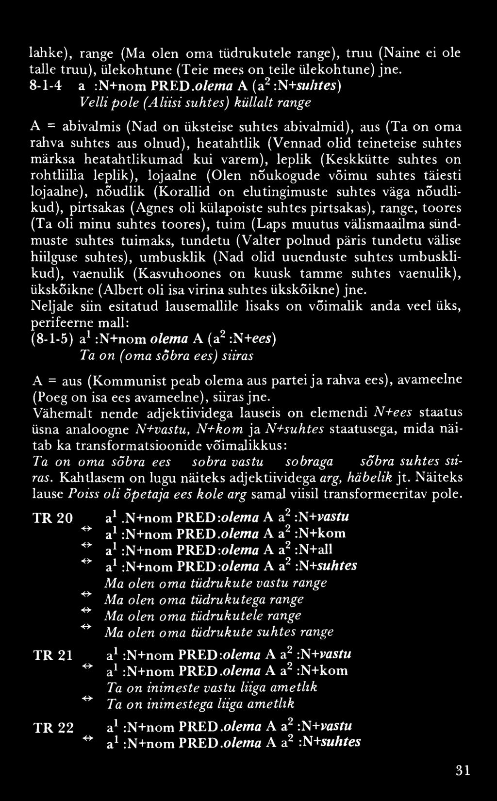 lahke), range (Ma olen oma tüdrukutele range), truu (Naine ei ole talle truu), ülekohtune (Teie mees on teile ülekohtune) jne. 8-1-4 a :N+nom PRED.