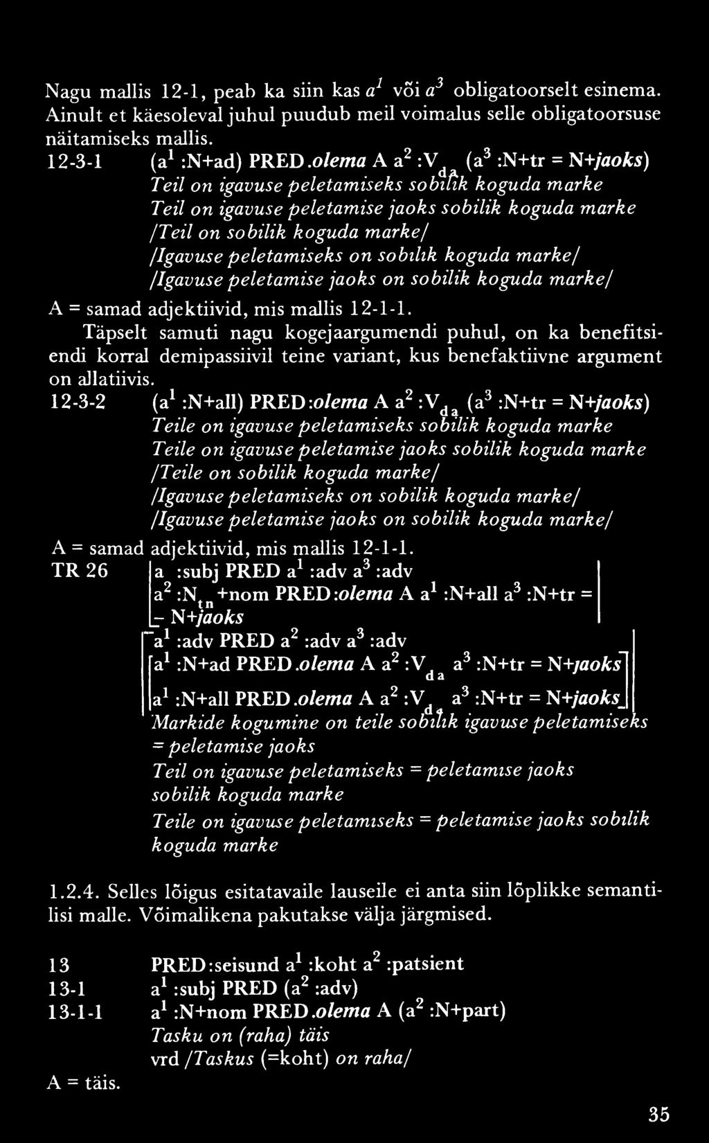 Nagu mallis 12-1, peab ka siin kas a1 või a3 obligatoorselt esinema. Ainult et käesoleval juhul puudub meil võimalus selle obligatoorsuse näitamiseks mallis. 12-3-1 (a1 :N+ad) PRED.