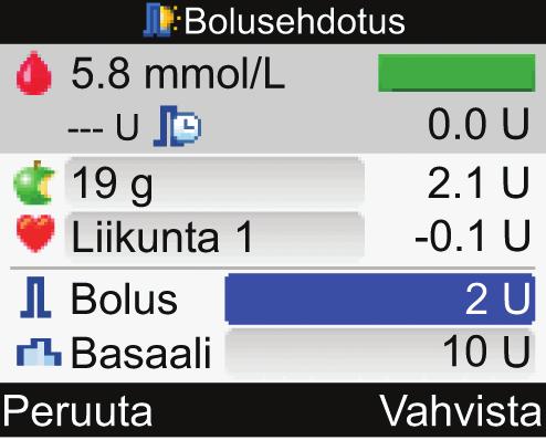 Peruskäyttöohjeessa on ohjeet verensokerin mittaukseen. Kun yksityiskohtainen Vs-tulos-näyttö avautuu, valitse Bolus.