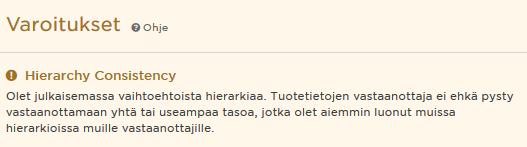Pakkaushierarkiaa koskevan varoitusilmoituksen tarkoitus on kehottaa tallentajaa varmistamaan, että pakkaushierarkiat on lisätty oikein. Se ei estä tuotetietojen julkaisua.