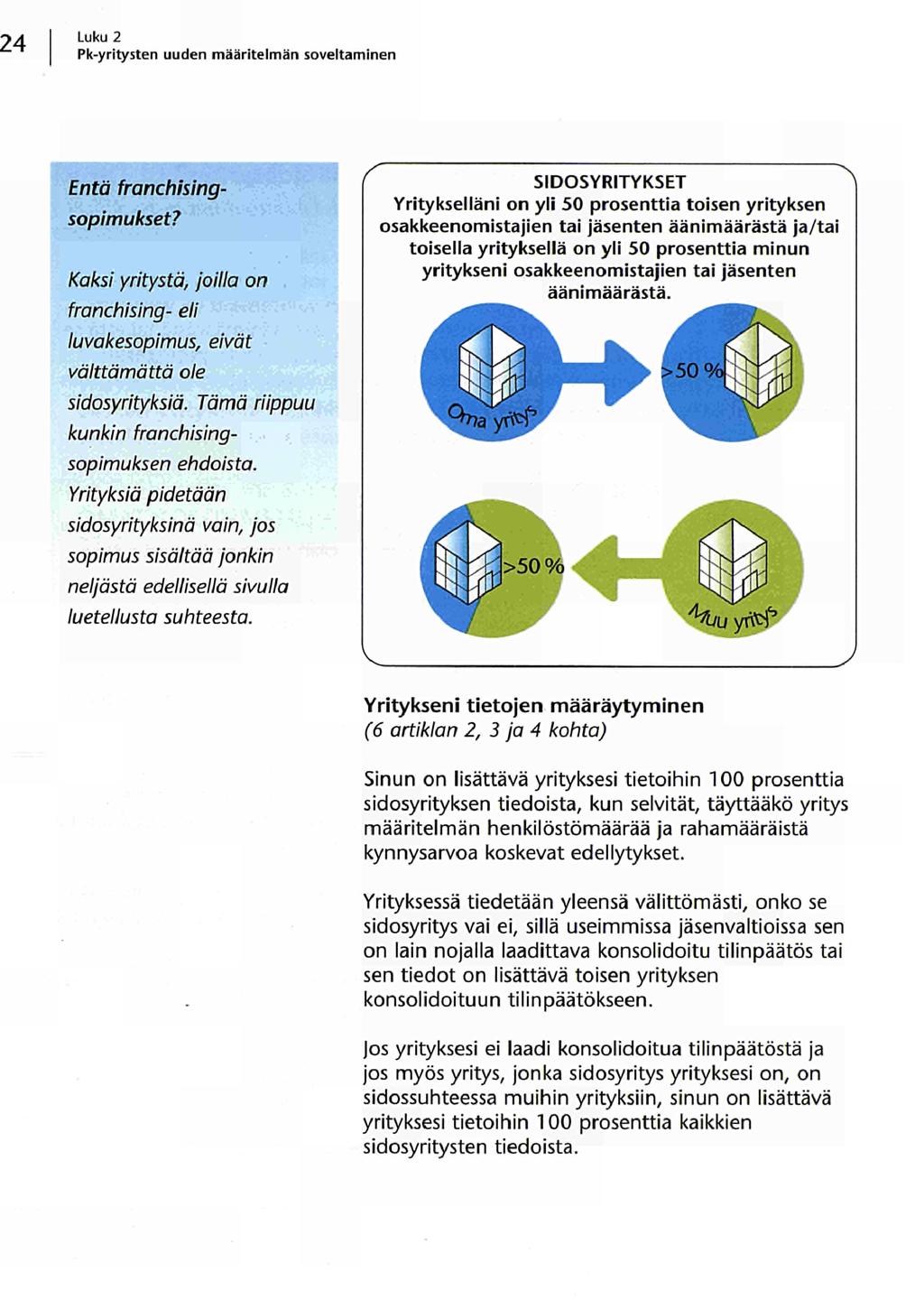 Luku 2 Pk-yritysten uuden määritelmän soveltaminen Entä franchisingsopimukset? Kaksi yritystä, joilla on franchising- eli luvakesopimus, eivät välttämättä ole sidosyrityksiä.