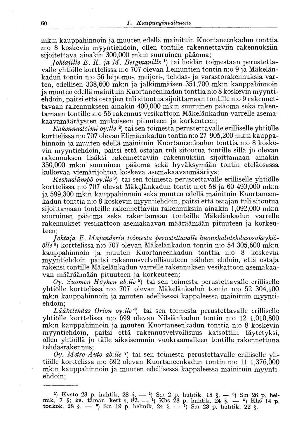 60 1. Kaupunginvaltuusto 60 mk:n kauppahinnoin ja muuten edellä mainituin Kuortaneenkadun tonttia n:o 8 koskevin myyntiehdoin, ollen tontille rakennettaviin rakennuksiin sijoitettava ainakin 300,000