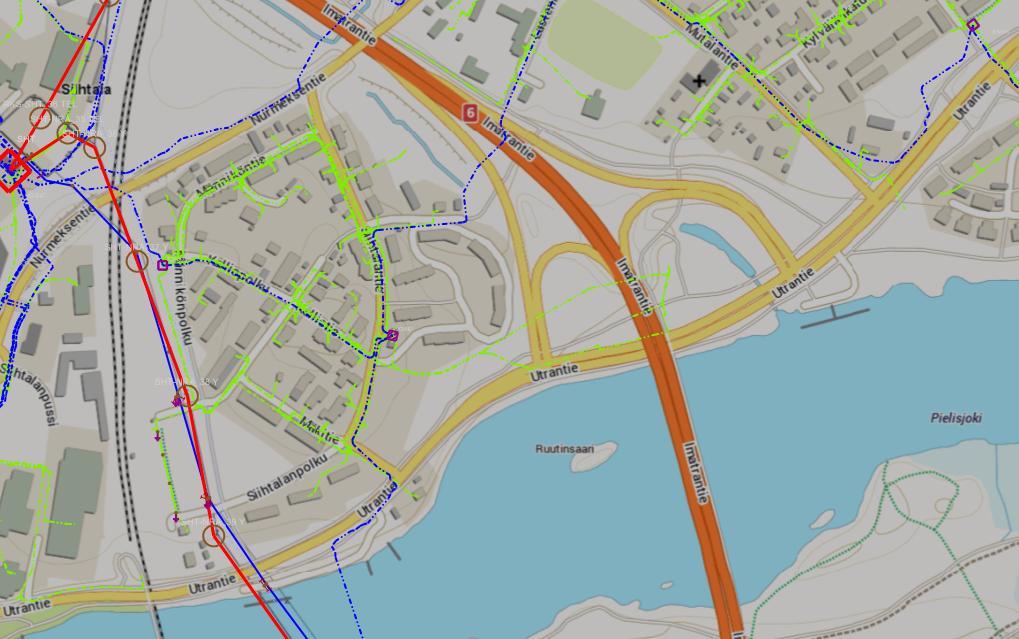 Caruna Espoo Oy sähköverkko 110 kv ilmajohto punainen yhtenäinen viiva 20 kv ilmajohto