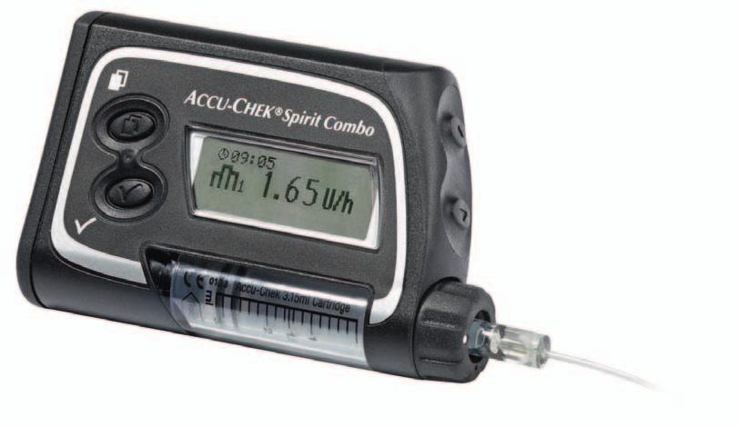 Insuliinipumppu d Valikkonäppäin f OK-näppäin Ampullilokero, jossa on ampulli Opastusta Accu-Chek Spirit Combo -insuliinipumpun käyttöön sekä lisätietoja saat seuraavasta osoitteesta: