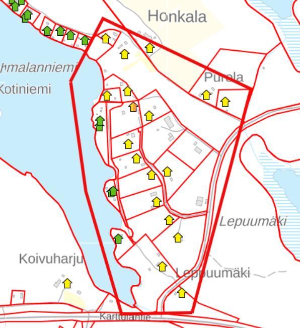 3 Karttaan rajatulla alueella osa kiinteistöistä on alle 100 metrin etäisyydellä rannasta, ns. ranta-alueella, jolla on tiukennetut jäteveden käsittelyvaatimukset.