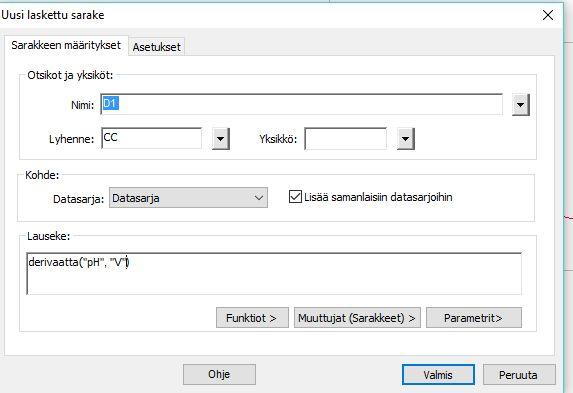 3) Hae ekvivalenttikohta jollain seuraavilla tavoilla: A. Valitse Analysoi/Interpoloi yläpalkista (epätarkka) B. Derivoinnin avulla (tarkka) a.