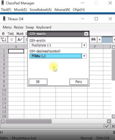 Kuvaajan piirto Casio ClassPadillä 1) Lataa ensin aineisto CSV-tiedostona sivulta j a siirrä se ClassPad II Managerin kotikansioon.