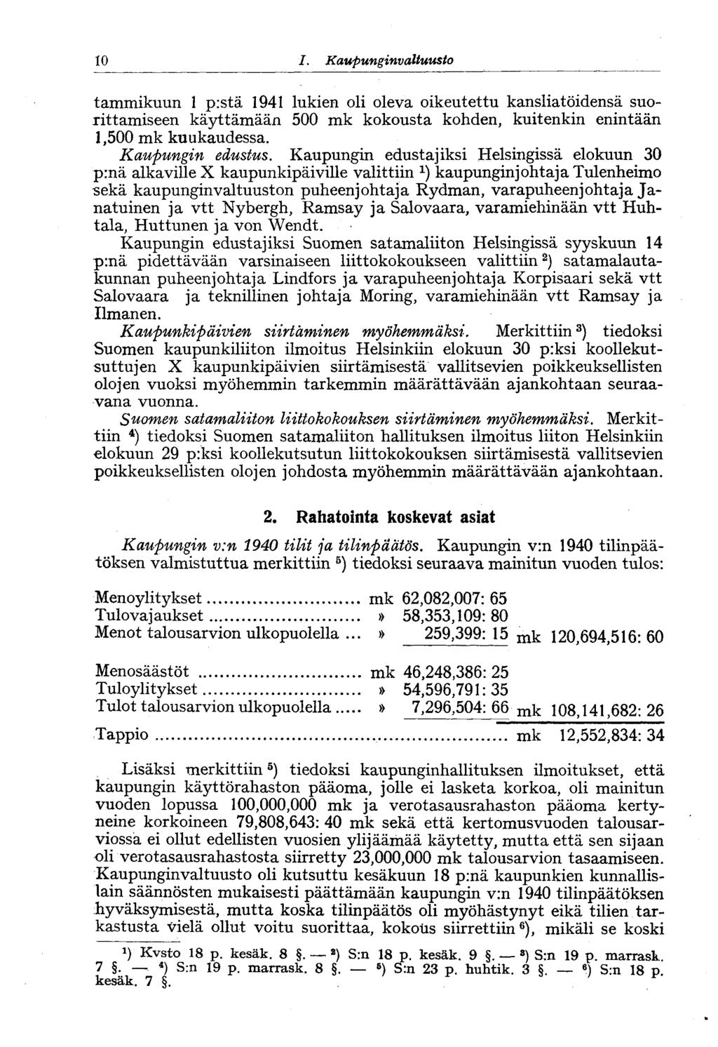 10 I. Kaupunginvaltuusto tammikuun 1 p:stä 1941 lukien oli oleva oikeutettu kansliatöidensä suorittamiseen käyttämään 500 mk kokousta kohden, kuitenkin enintään 1,500 mk kuukaudessa.