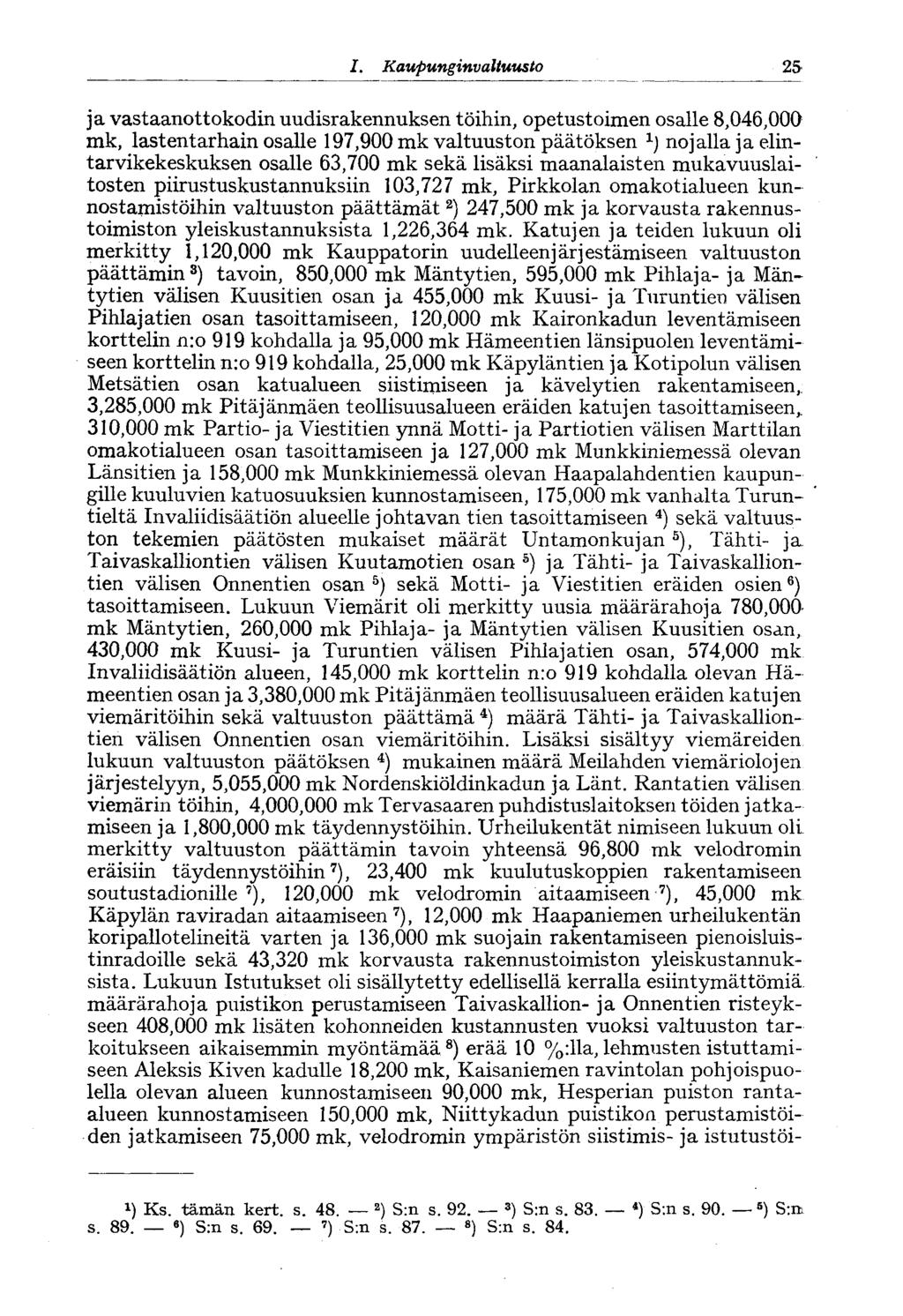 25 I. Kaupunginvaltuusto ja vastaanottokodin uudisrakennuksen töihin, opetustoimen osalle 8,046,00 mk, lastentarhain osalle 197,900 mk valtuuston päätöksen nojalla ja elintarvikekeskuksen osalle