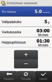 ...jatkoa bolusehdotuksen asetuksille Ehdotuksen asetukset Vs-nousu eli aterianousu Välipalakoko Vaikutusaika Huippupitoisuus Muut