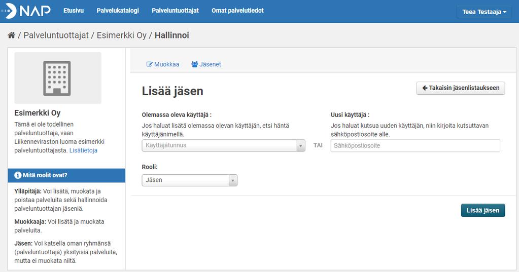 Ohje 41 (41) - Mikäli lisättävä käyttäjä on jo rekisteröitynyt NAP-palveluun, täytä hänen käyttäjätunnuksensa kohtaan Olemassa oleva käyttäjä.