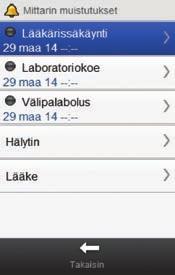 8.5 Lääkärissäkäyntimuistutus Päävalikko > Asetukset > Muistutukset > Lääkärissäkäynti 1 2 3 4 Valitse päävalikosta Asetukset. Valitse Muistutukset.