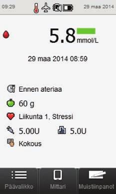 1 1.4.2 Tilanäyttö Tilanäytöllä on tietoa viimeisimmästä kelvollisesta verensokerimittauksesta. Otsikkopalkki Sisältää mittaria koskevia tietoja.