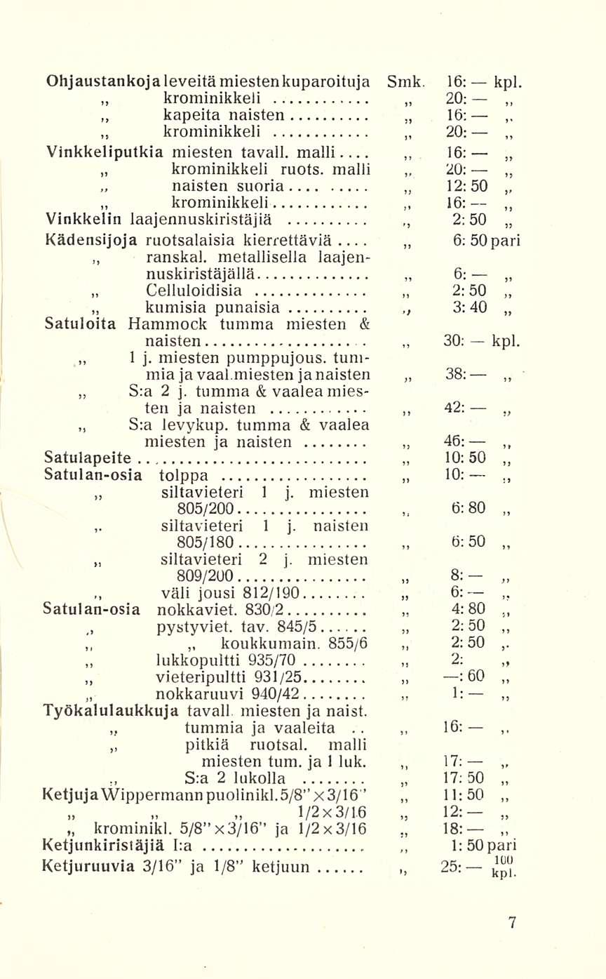 1 Celluloidisia siltavieteri krominikkeli naisten 16; 12:50 6: 10; Ohjaustankojaleveitämiestenkuparoituja Smk. 16:kpl. krominikkeli kapeita naisten 16: 20: Vinkkeliputkia miesten tavall.