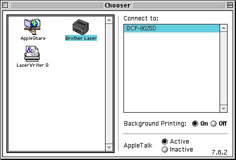 A Napsauta asentamaasi Brother Laser - kuvaketta. Valitse haluamasi tulostin Chooser (Valitsija)-ikkunan oikeasta laidasta. Sulje Chooser (Valitsija).