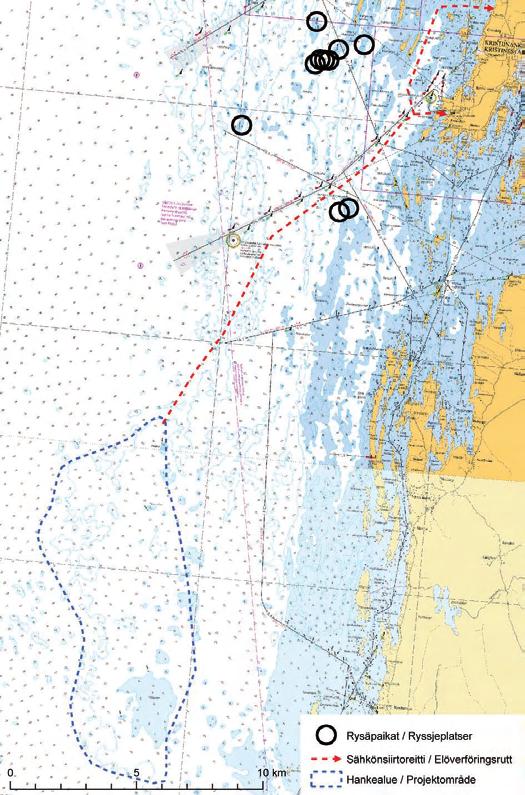 Kuva 11 20. Lohen ja taimenen rysänpyyntipaikat valtion yleisvesillä. Figur 11-20. Platser för lax- och öringfiske med ryssja på statens allmänna vattenområden. 11.4.2.2 Ammattikalastus hankealueella Ammattikalastus on vähentynyt huomattavasti koko rannikkoalueella.