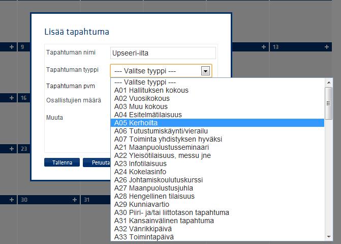 osallistuminen toisten järjestämään toimintaan, E on MPK, VaPePa, VSS varten ja L on liikuntaa varten.