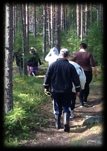 42 KUVA 10. Nousu mäelle aistipolulla. (Kuva Minna Koikkalainen 2015) Polkumme tuli päätökseen ja lopuksi vielä nappasimme matkalta koivunlehtiä käteen ja maistelimme niitä.