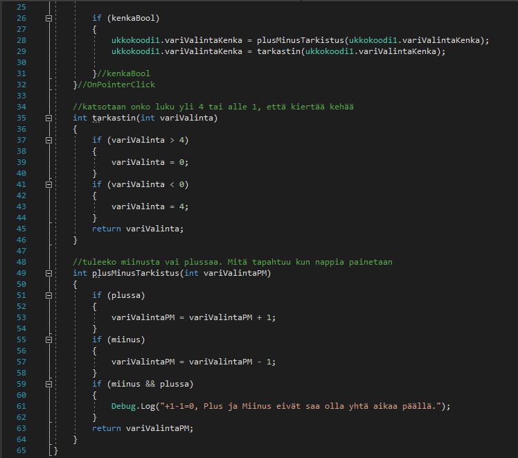 29 Kaikkien eri vaateosien värienvaihto hoituu saman scriptin kautta. Tämä on saavutettu antamalla boolean arvoja, joita voi kytkeä päälle Unity Inspector-ikkunasta.
