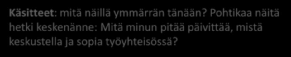 Käsitteet: mitä näillä ymmärrän tänään? Pohtikaa näitä hetki keskenänne: Mitä minun pitää päivittää, mistä keskustella ja sopia työyhteisössä? Toimintakyky? Itsenäisyys versus autonomisuus?