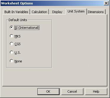 Aalto-yliopisto Mathcad-opas 25/39 Työkirjan yksikköjärjestelmän muuttaminen Valitse Tools Þ Worksheet Options: Klikkaa välilehteä Unit Sy