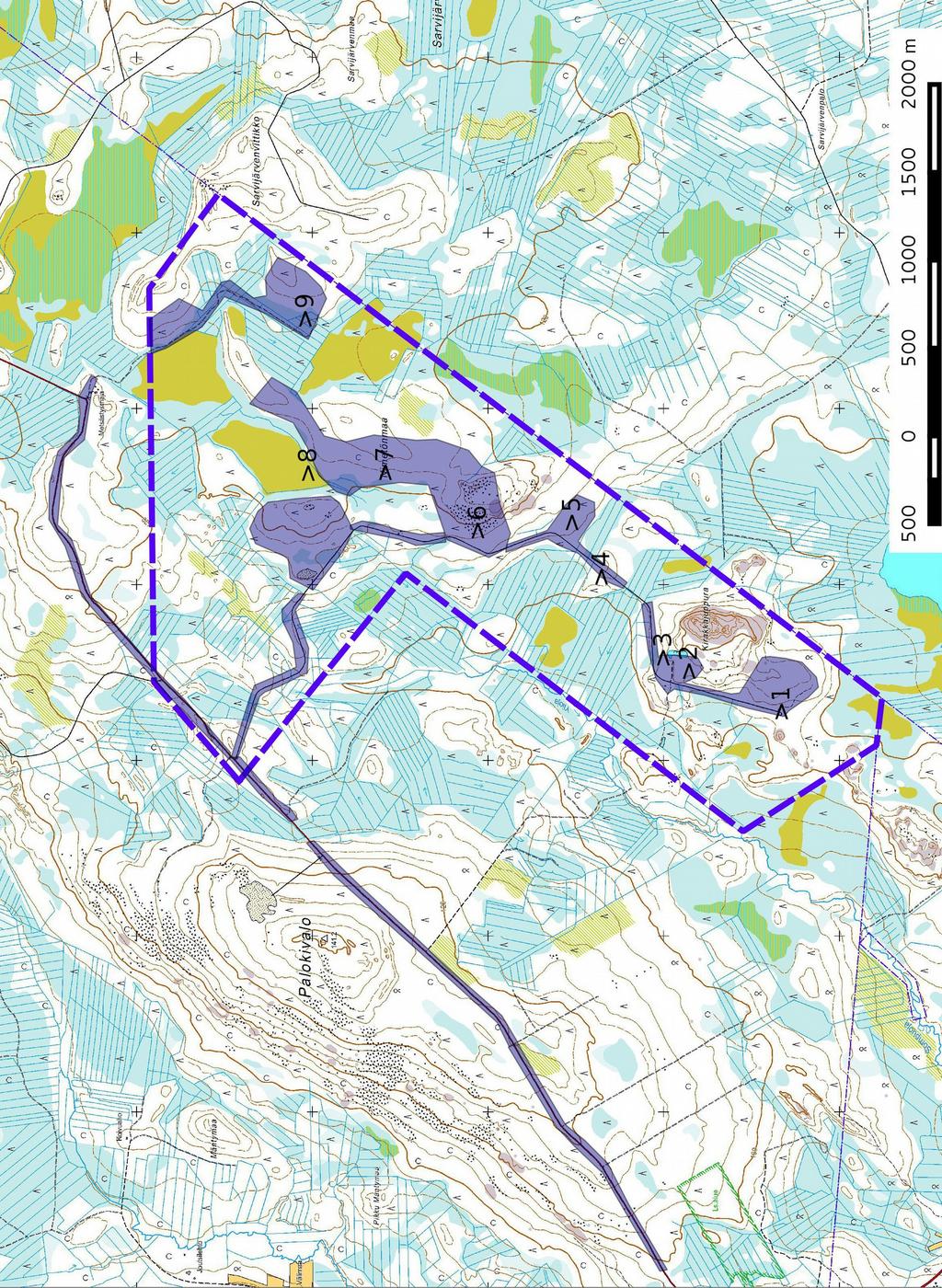 5 Maastokuvaukset ja valokuvat Yleiskartta 3. Inventoidut alueet (lilalla) ja kuvauspisteet >1 - >9.