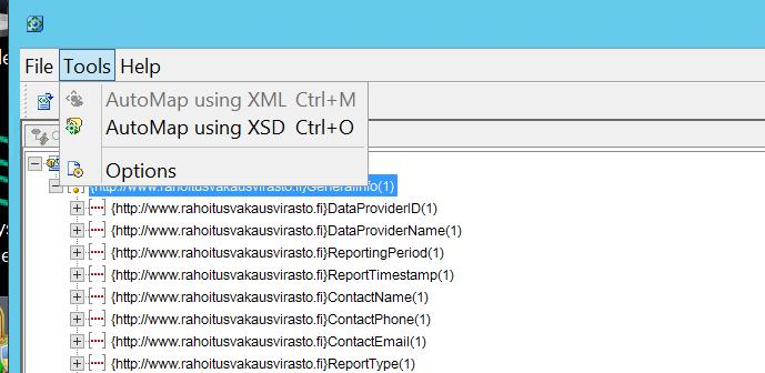 Scheman perusteella työskentely Kun schema on saatu avattua XML Mapperiin,