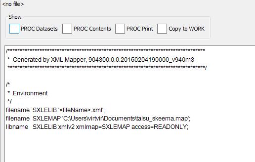 SAS koodi SAS koodi, jolla XLM data voidaan ottaa esille XLM kirjastoviittauksen kautta on nähtävissä suoraan koodi-ikkunassa.
