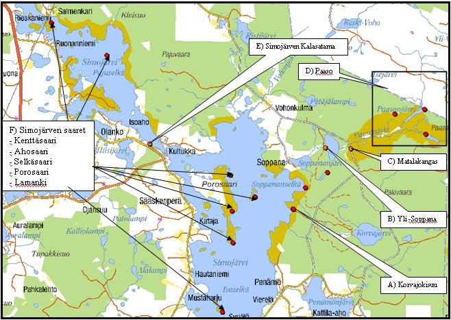 2.2 Aineisto ja menetelmät Kävijätutkimuksen aineisto kerättiin k uudessa eri haastattelupaikassa, jotka näkyvät kuvan 4 kartalla (Simojärven saaret on laskettu y hdeksi haastattelupaikaksi).