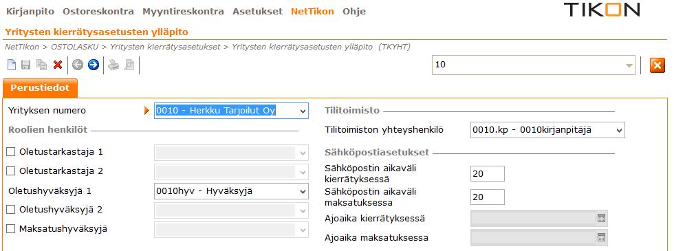 KIERRÄTYSASETUKSET NetTikon OSTOLASKU Yritysten kierrätysasetukset Asiatarkastajat (0-2) Hyväksyjät (1-2) Yksi pakollinen Maksatukseen hyväksyjä