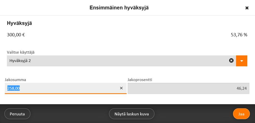 LASKUN KIERTO Painikkeet Vaihda Jaa Laskun siirtäminen toiselle käsittelijälle Laskun summan jakaminen summan tai