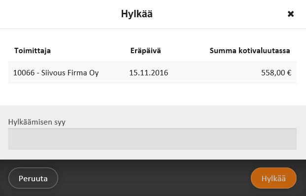 LASKUN KOMMENTIT Laskun kierrossa annettu kommentti näkyy seuraavalle käsittelijälle sähköpostissa Laskun hylkäyksessä annettava