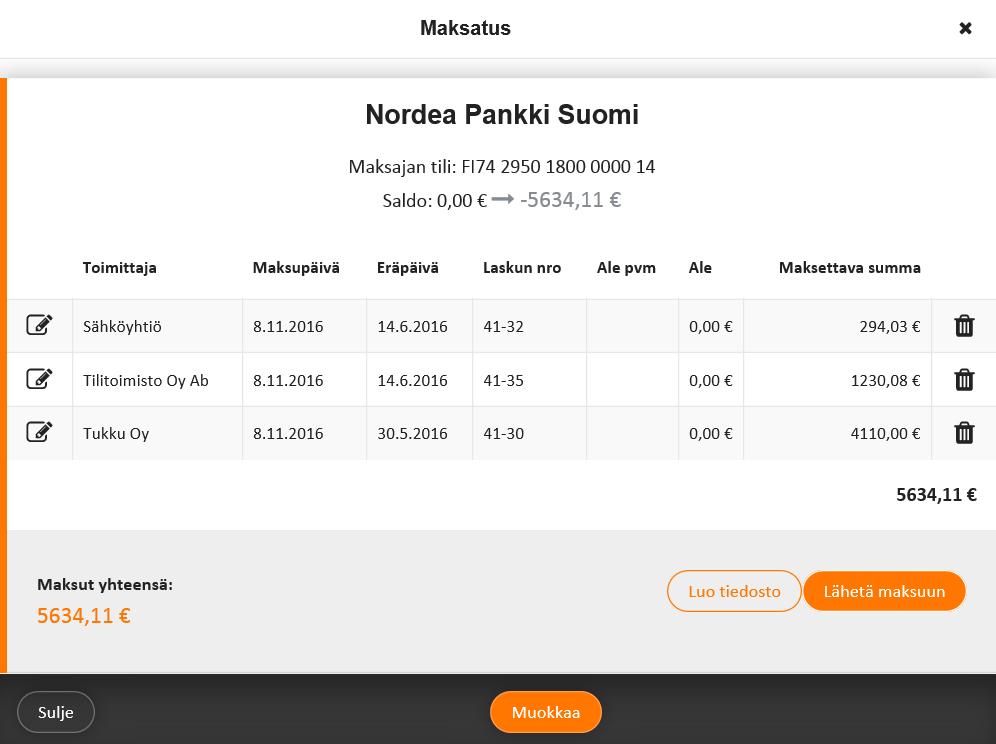 LASKUN MAKSAMINEN Maksettavat laskut maksupankkitileittäin Tilin saldo -> käytössä Tikon Pankkipalvelut ohjelma ja saldot noudettu ajastettuna tai NetTikon